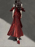 Vintage Burgundy Spaghetti Strap Mermaid Design Elegant Satin Evening Dress Prom Dress HZ1024