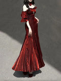 Vintage Burgundy Spaghetti Strap Mermaid Design Elegant Satin Evening Dress Prom Dress HZ1024