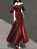 Vintage Burgundy Spaghetti Strap Mermaid Design Elegant Satin Evening Dress Prom Dress HZ1024