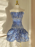 Vintage Dark Blue Pattern Design Strapless Mini Party Dress Homecoming Dress HZ1024