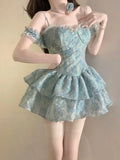 Retro Light Blue Floral Spaghetti Strap Design A-line Mini 16th Birthday Party Dress Tiered Homecoming Dress HZ1024