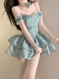 Retro Light Blue Floral Spaghetti Strap Design A-line Mini 16th Birthday Party Dress Tiered Homecoming Dress HZ1024