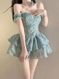 Retro Light Blue Floral Spaghetti Strap Design A-line Mini 16th Birthday Party Dress Tiered Homecoming Dress HZ1024