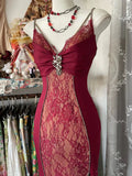 Elegant Burgundy V-neck Spaghetti Strap Lace Mermaid Prom Dress Evening Dress HZ1024