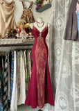 Elegant Burgundy V-neck Spaghetti Strap Lace Mermaid Prom Dress Evening Dress HZ1024
