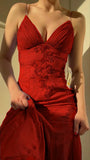 Vintage Embroidery Floral V-neck Spaghetti Strap A-Line Prom Dress Evening Dress HZ1024