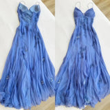 Vintage Embroidery Floral V-neck Spaghetti Strap A-Line Prom Dress Evening Dress HZ1024