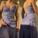 Vintage Embroidery Floral V-neck Spaghetti Strap A-Line Prom Dress Evening Dress HZ1024