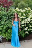 Enchanting Blue V-neck Spaghetti Strap Prom Dress Evening Dress HZ1024