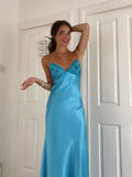 Enchanting Blue V-neck Spaghetti Strap Prom Dress Evening Dress HZ1024
