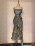 Vintage Elegant Spaghetti Strap Mermaid Ruffles Prom Dress Evening Dress HZ1024
