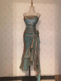 Vintage Elegant Spaghetti Strap Mermaid Ruffles Prom Dress Evening Dress HZ1024