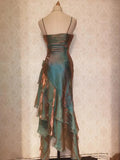 Vintage Elegant Spaghetti Strap Mermaid Ruffles Prom Dress Evening Dress HZ1024