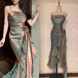 Vintage Elegant Spaghetti Strap Mermaid Ruffles Prom Dress Evening Dress HZ1024