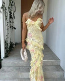 Vintage Floral Spaghetti Strap Ruffles Mermaid Chiffon Long Prom Dress Evening Dress HZ1024