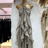 Floral Ruffle Design Halter Dress Elegant A-line Chiffon Evening Party Dress HZ1024