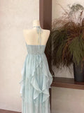 Floral Ruffle Design Halter Dress Elegant A-line Chiffon Evening Party Dress HZ1024