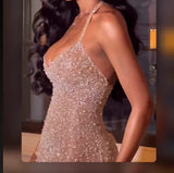 Enchanting Silvery Shiny Sequin Mermaid Halter-neck Long Prom Dress Evening Dress HZ1024