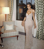 Enchanting Silvery Shiny Sequin Mermaid Halter-neck Long Prom Dress Evening Dress HZ1024