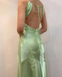 Enchanting V-neck Embroidery Spaghetti Strap Satin Mermaid Prom Dress Evening Dress HZ1024