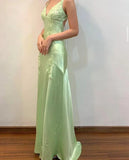Enchanting V-neck Embroidery Spaghetti Strap Satin Mermaid Prom Dress Evening Dress HZ1024
