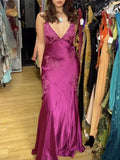 Enchanting V-neck Embroidery Spaghetti Strap Satin Mermaid Prom Dress Evening Dress HZ1024