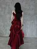 Retro Spaghetti Strap Irregular Ruffled Detachable Rose Design Elegant Satin Evening Dress Prom Dress HZ1024
