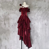 Retro Spaghetti Strap Irregular Ruffled Detachable Rose Design Elegant Satin Evening Dress Prom Dress HZ1024
