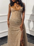 Enchanting Shiny Champagne Beaded Strapless Slit Prom Dress Evening Dress HZ1024