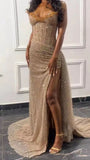 Enchanting Shiny Champagne Beaded Strapless Slit Prom Dress Evening Dress HZ1024