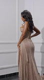 Enchanting Shiny Champagne Beaded Strapless Slit Prom Dress Evening Dress HZ1024