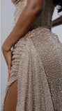 Enchanting Shiny Champagne Beaded Strapless Slit Prom Dress Evening Dress HZ1024