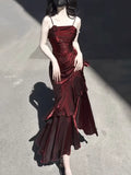 Vintage Burgundy Spaghetti Strap Ruffle Design Elegant A-line Evening Dress Prom Dress HZ1024