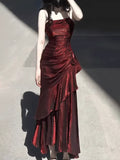 Vintage Burgundy Spaghetti Strap Ruffle Design Elegant A-line Evening Dress Prom Dress HZ1024