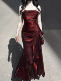 Vintage Burgundy Spaghetti Strap Ruffle Design Elegant A-line Evening Dress Prom Dress HZ1024