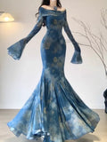 Vintage Blue Off-the-shoulder Floral Design Elegant Mermaid Chiffon Evening Dress Prom Dress HZ1024