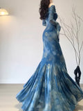 Vintage Blue Off-the-shoulder Floral Design Elegant Mermaid Chiffon Evening Dress Prom Dress HZ1024