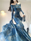 Vintage Blue Off-the-shoulder Floral Design Elegant Mermaid Chiffon Evening Dress Prom Dress HZ1024
