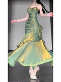 Vintage Green Spaghetti Strap Ruffle Design Elegant A-line Satin Evening Dress Prom Dress HZ1024