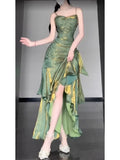 Vintage Green Spaghetti Strap Ruffle Design Elegant A-line Satin Evening Dress Prom Dress HZ1024