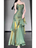 Vintage Green Spaghetti Strap Ruffle Design Elegant A-line Satin Evening Dress Prom Dress HZ1024