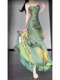 Vintage Green Spaghetti Strap Ruffle Design Elegant A-line Satin Evening Dress Prom Dress HZ1024