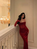 Vintage Red Spaghetti Strap Gloves Design Elegant Sheath Evening Dress Prom Dress HZ1024
