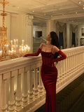 Vintage Red Spaghetti Strap Gloves Design Elegant Sheath Evening Dress Prom Dress HZ1024