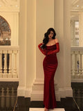Vintage Red Spaghetti Strap Gloves Design Elegant Sheath Evening Dress Prom Dress HZ1024