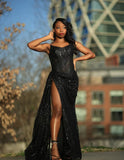 Sexy Black Mermaid Strapless Sequined High Split Long Floor Length Prom Dresses HZ1024