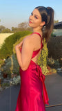 Vintage Satin V-neck Prom Dress Long Evening Dress Sheath Backless Formal Dress HZ1024