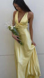 Vintage Satin V-neck Prom Dress Long Evening Dress Sheath Backless Formal Dress HZ1024