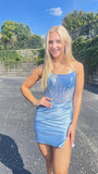 Fashion Light Blue Sequined Beaded Design Short Strapless Homecoming Dress HZ1024