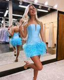 Fashion Sky Blue Beaded Feather Design Bodycon Strapless Homecoming Dress HZ1024